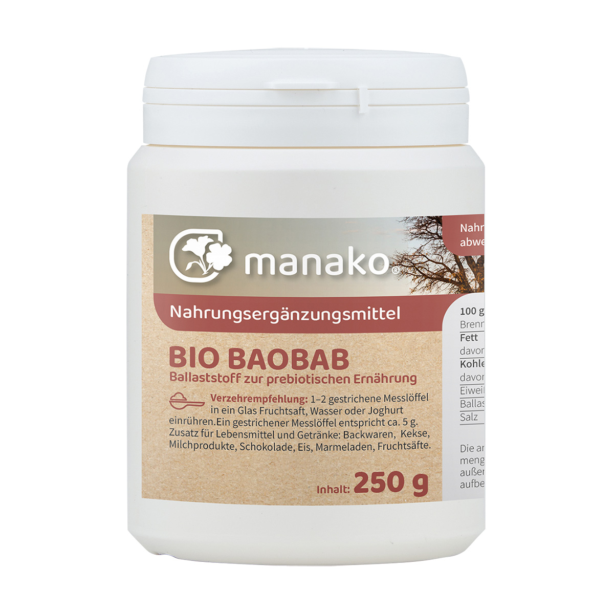 manako BIO Baobab Pulver, 250 g Dose
