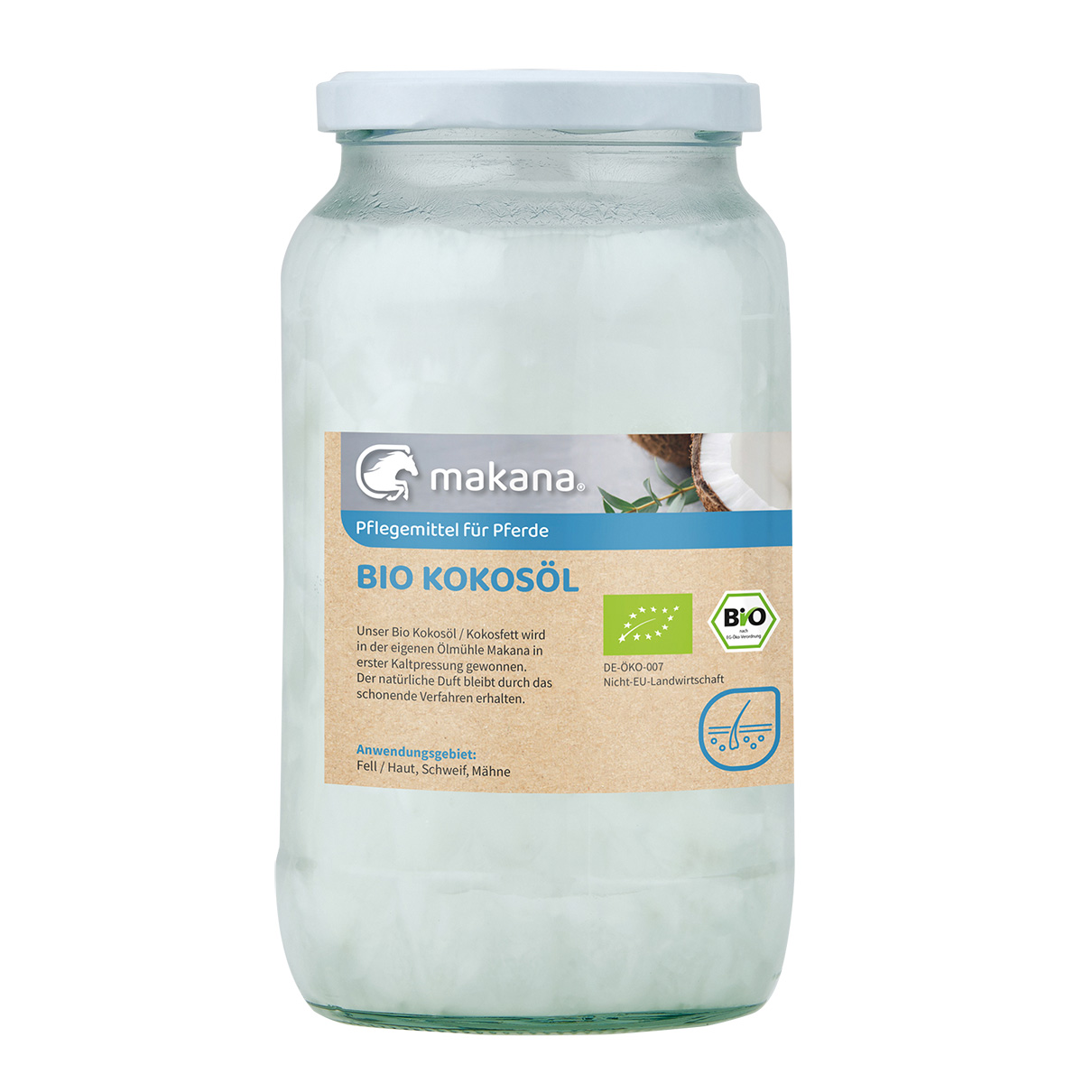 Makana BIO Kokosöl/ Kokosfett für Pferde, kaltgepresst, 900 ml Glas