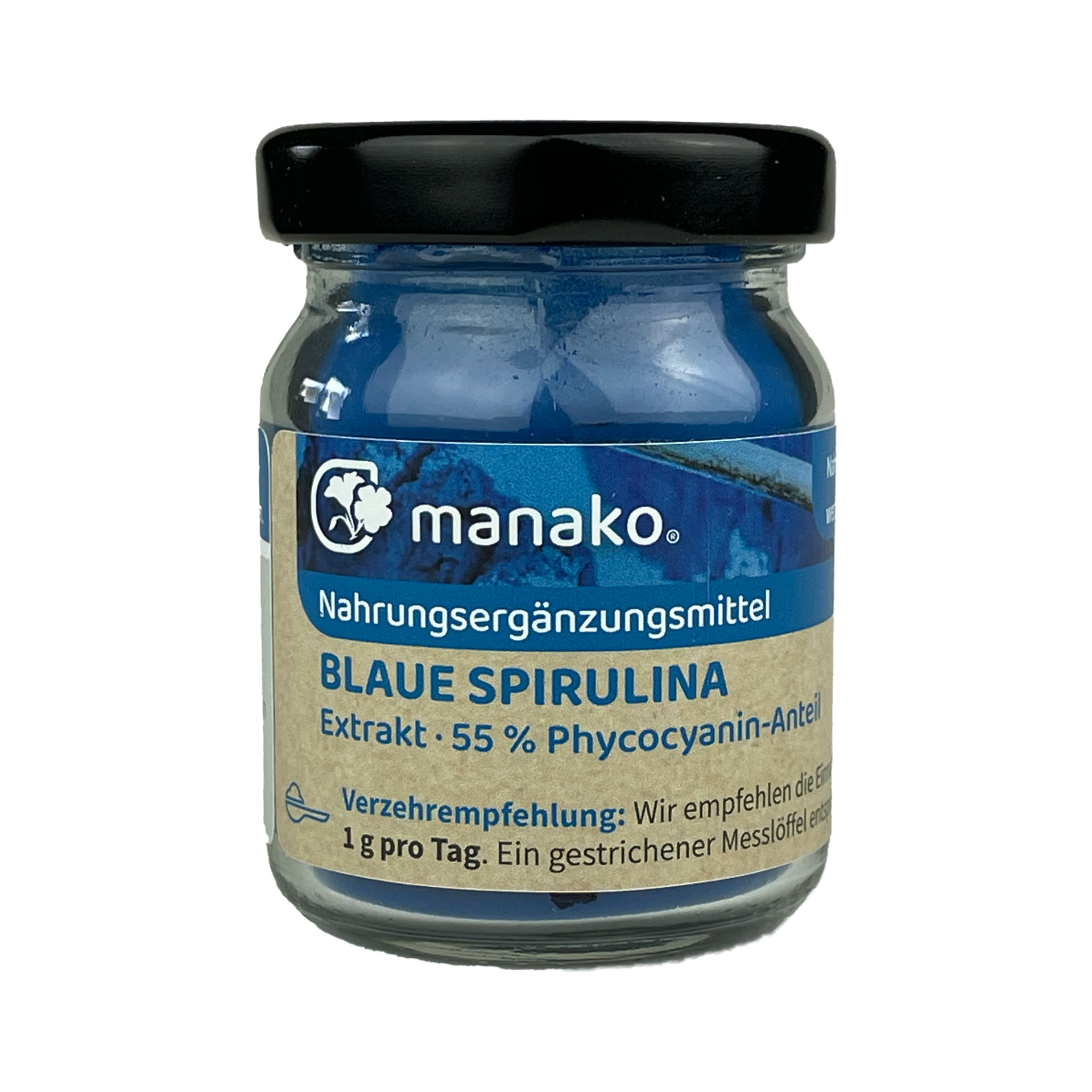 manako Blaues Spirulina Extrakt, 55% Phycocyanin Anteil, Glas je 12g