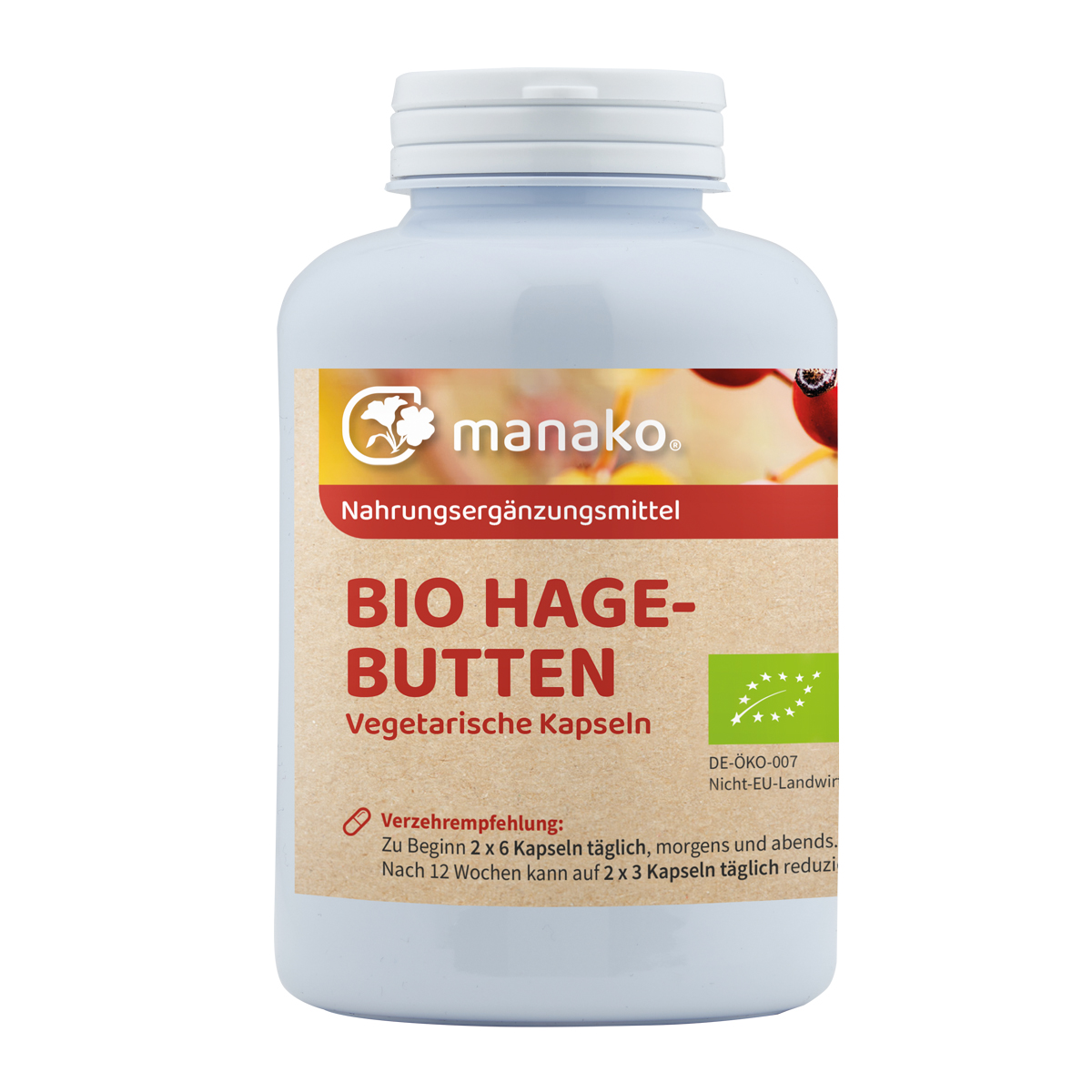 manako BIO Hagebutten vegetarische Kapseln, 300 Stück a 500 mg, Dose a 180 g