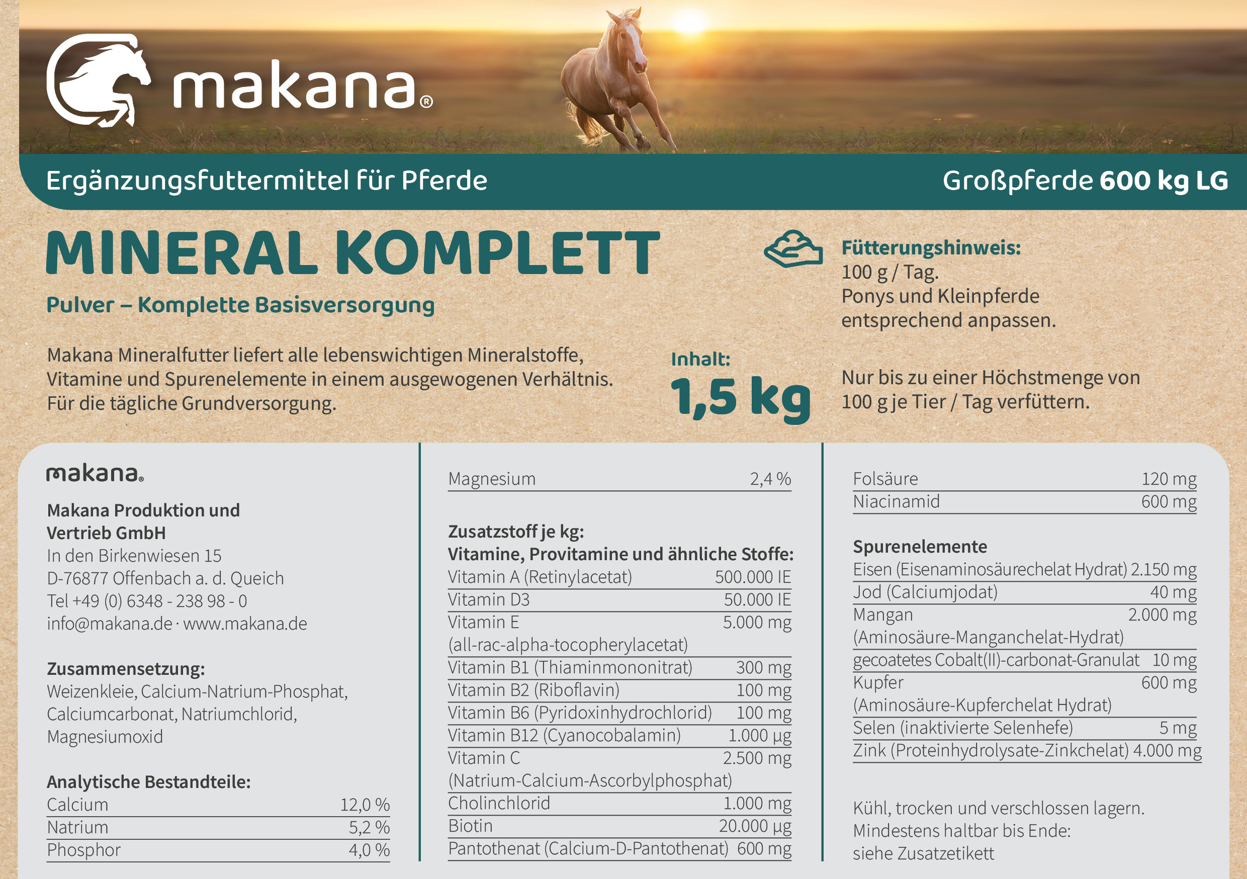 Makana Mineralfutter KOMPLETT Pulver für Pferde, 1,5 kg Beutel